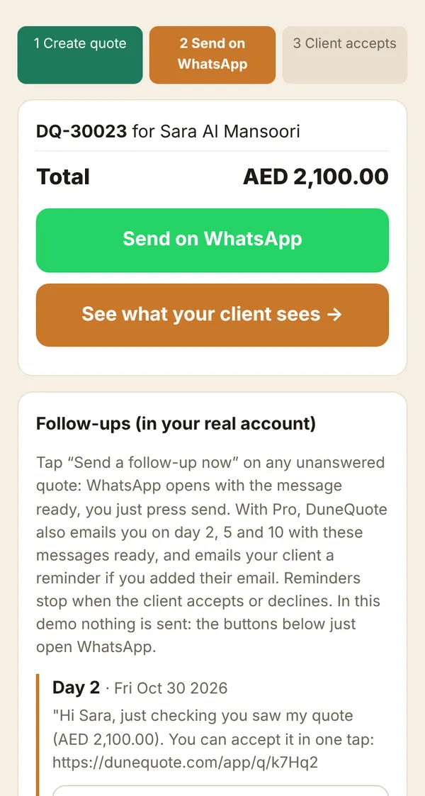 DuneQuote على الهاتف: عرض سعر جاهز مع زر الإرسال على واتساب ورسالة متابعة اليوم الثاني مكتوبة مسبقاً
